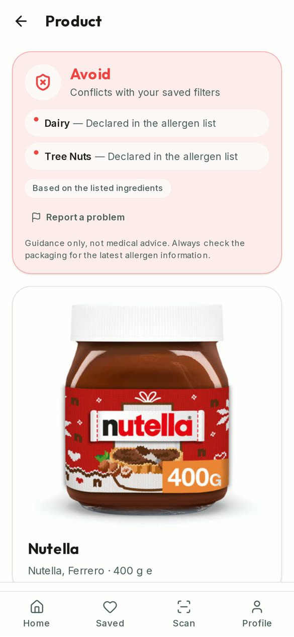 Equivaleat app showing an Avoid verdict for Nutella: it contains Dairy and Tree Nuts, both declared in the allergen list